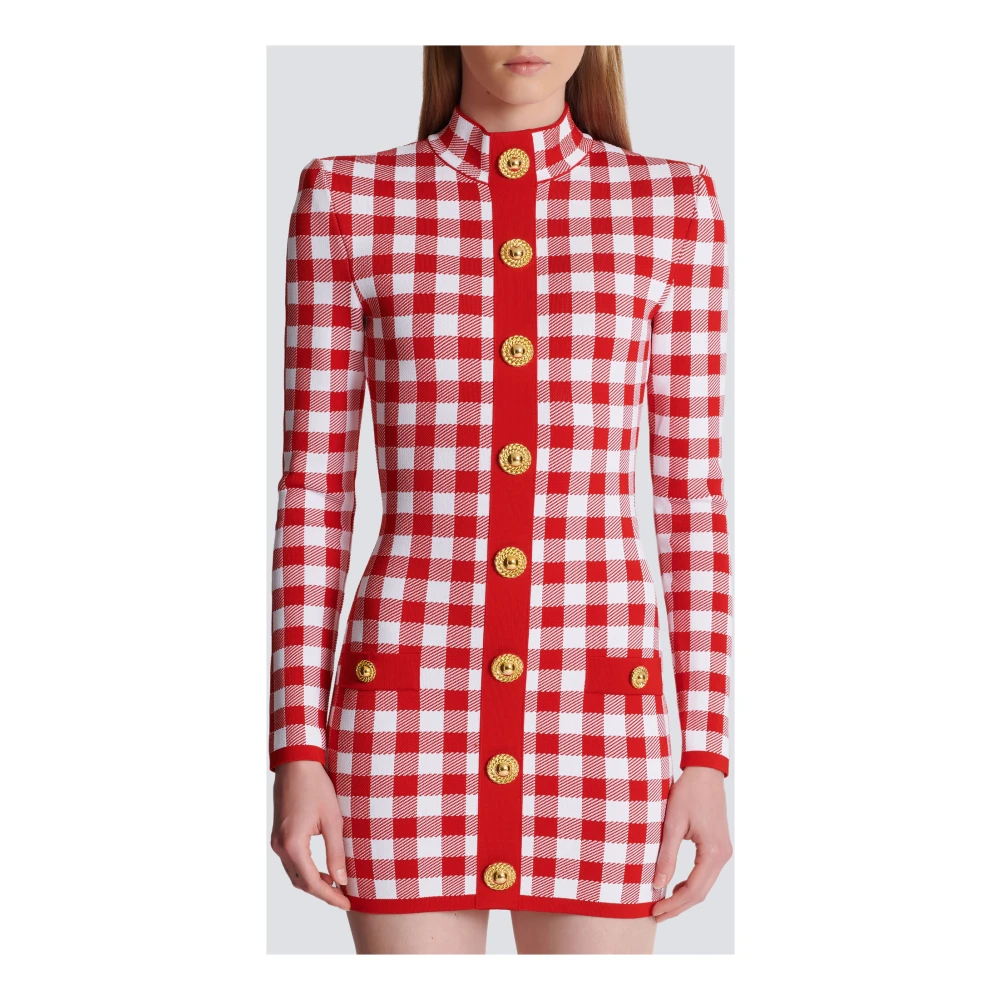 Balmain Gingham fijngebreide jurk Red Dames