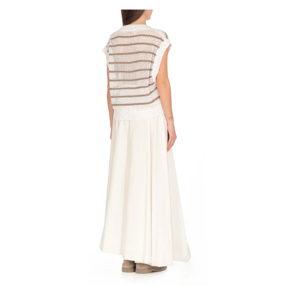 BRUNELLO CUCINELLI Paillet V-Hals Linnen Trui Ivoor Beige Dames