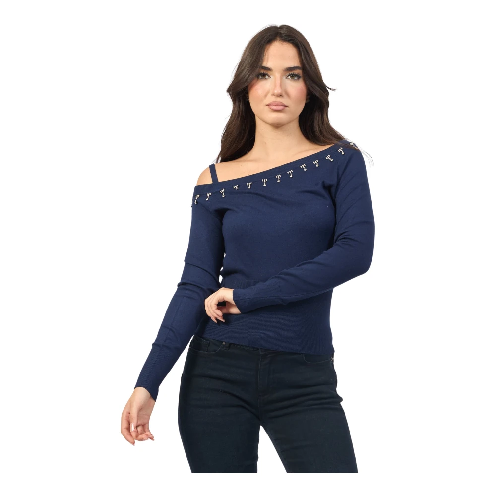 Fracomina Blauwe One-Shoulder Juweel Top Blue Dames