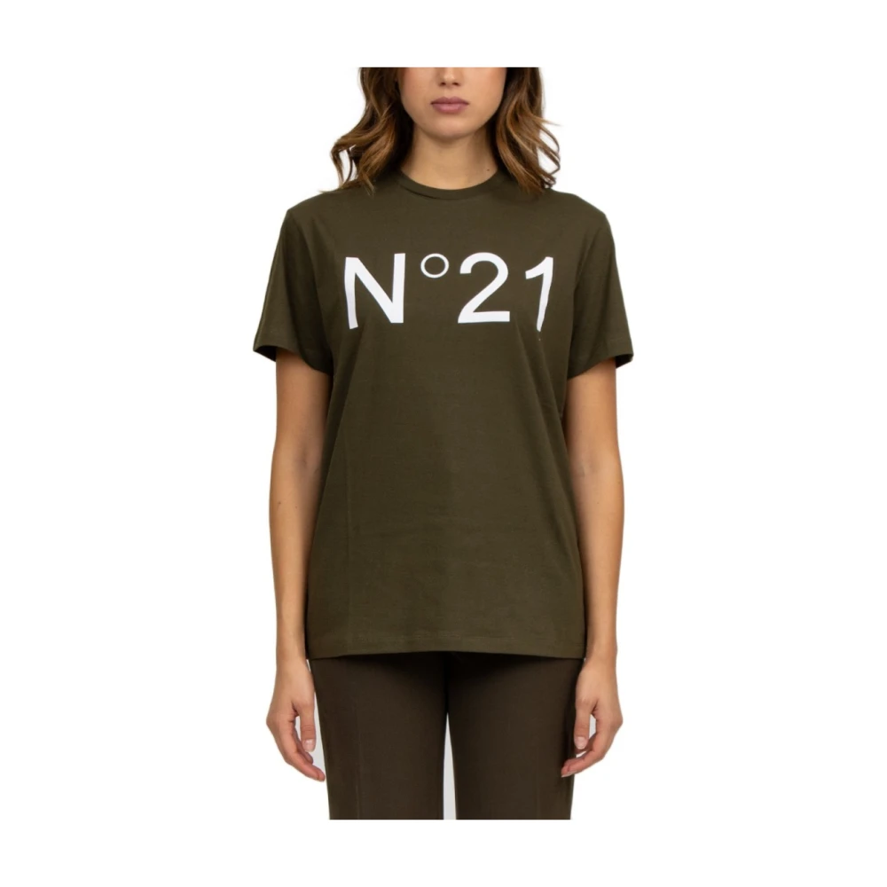 N21 Groen Katoenen T-shirt met Logo Green Dames