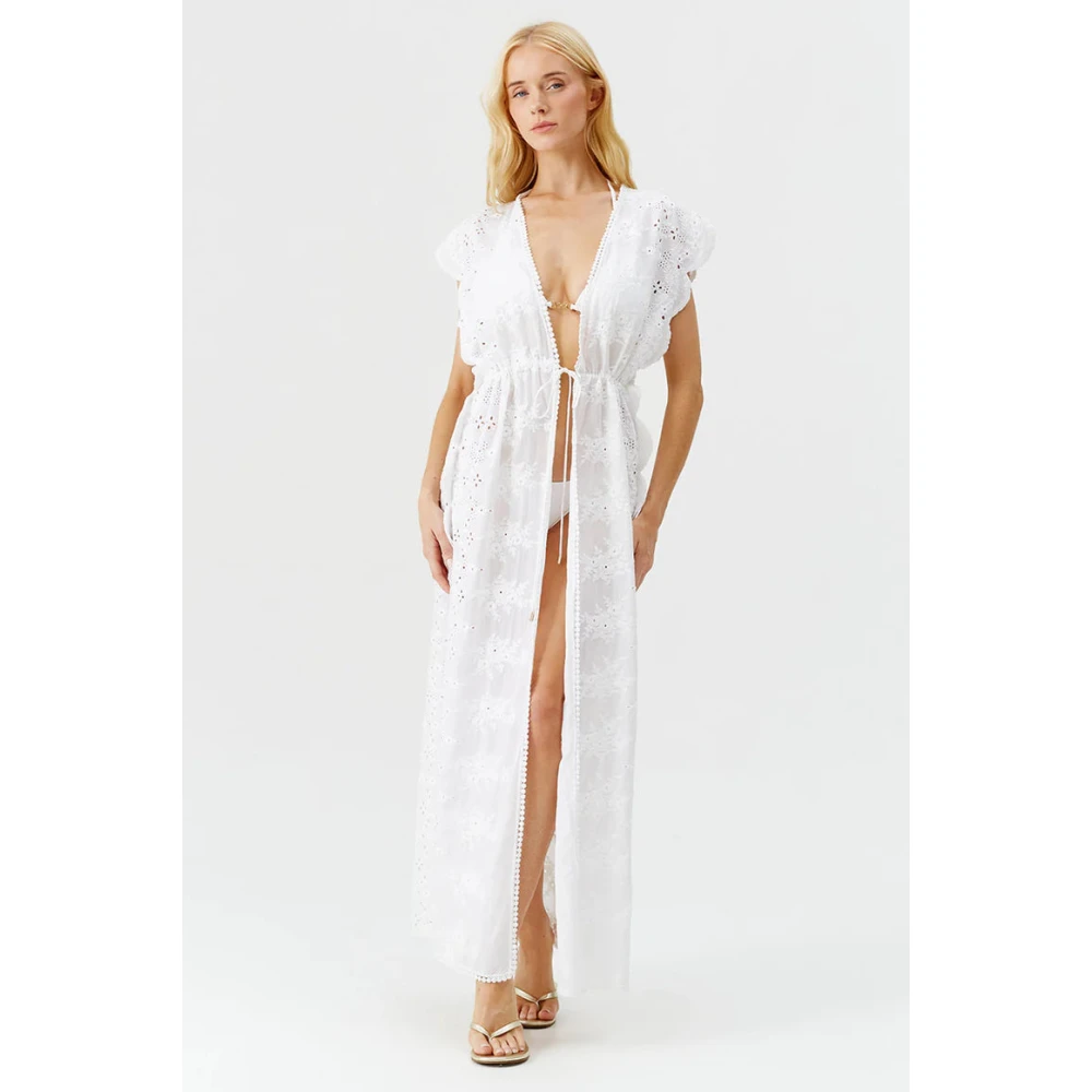 Melissa Odabash Witte Talitha Kaftan met Bloemendetails White Dames