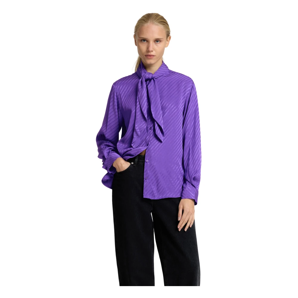 Selected Femme Glanzende Stoffen Overhemd met Strik Purple Dames