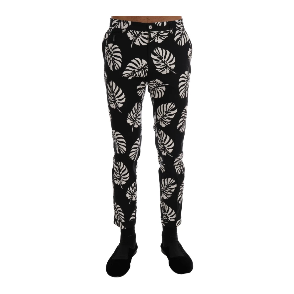 Dolce & Gabbana Black Slim Fit Leaf Print Ankle Trousers - Male - Slim-Fit Trousers - Xs - Trousers