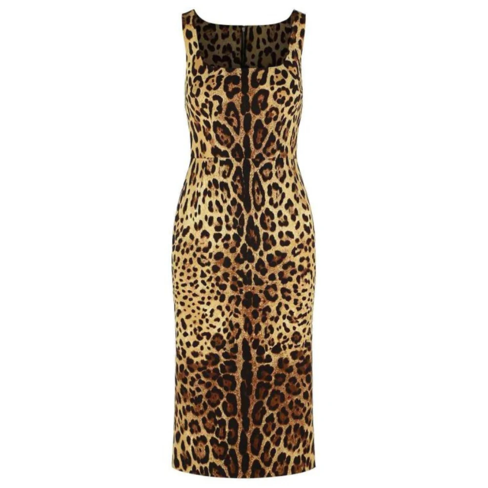 Dolce & Gabbana Women's Multicolor Midi Dresses, L, Leopard-Print Silk Dress