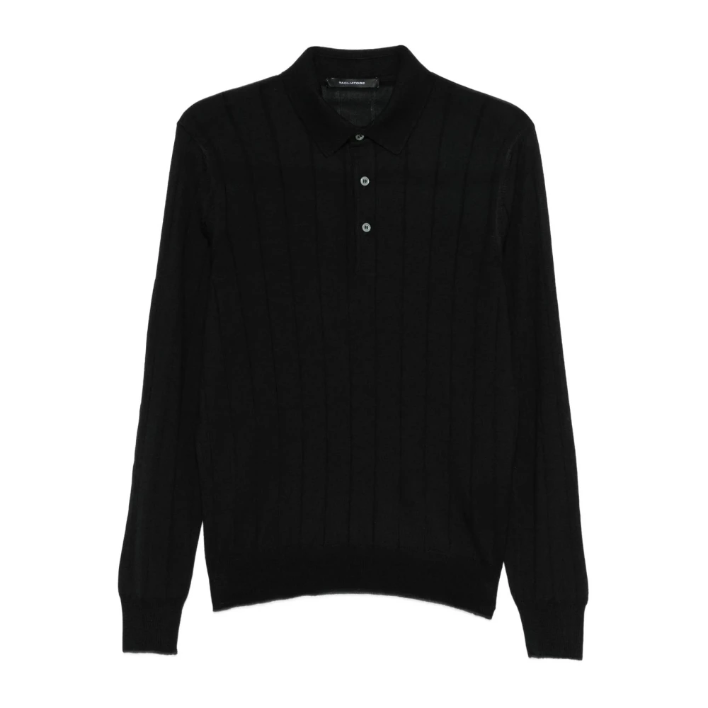 Tagliatore Black Polo Shirts, Male, 2XL, Long Sleeve Knit Polo Shirt