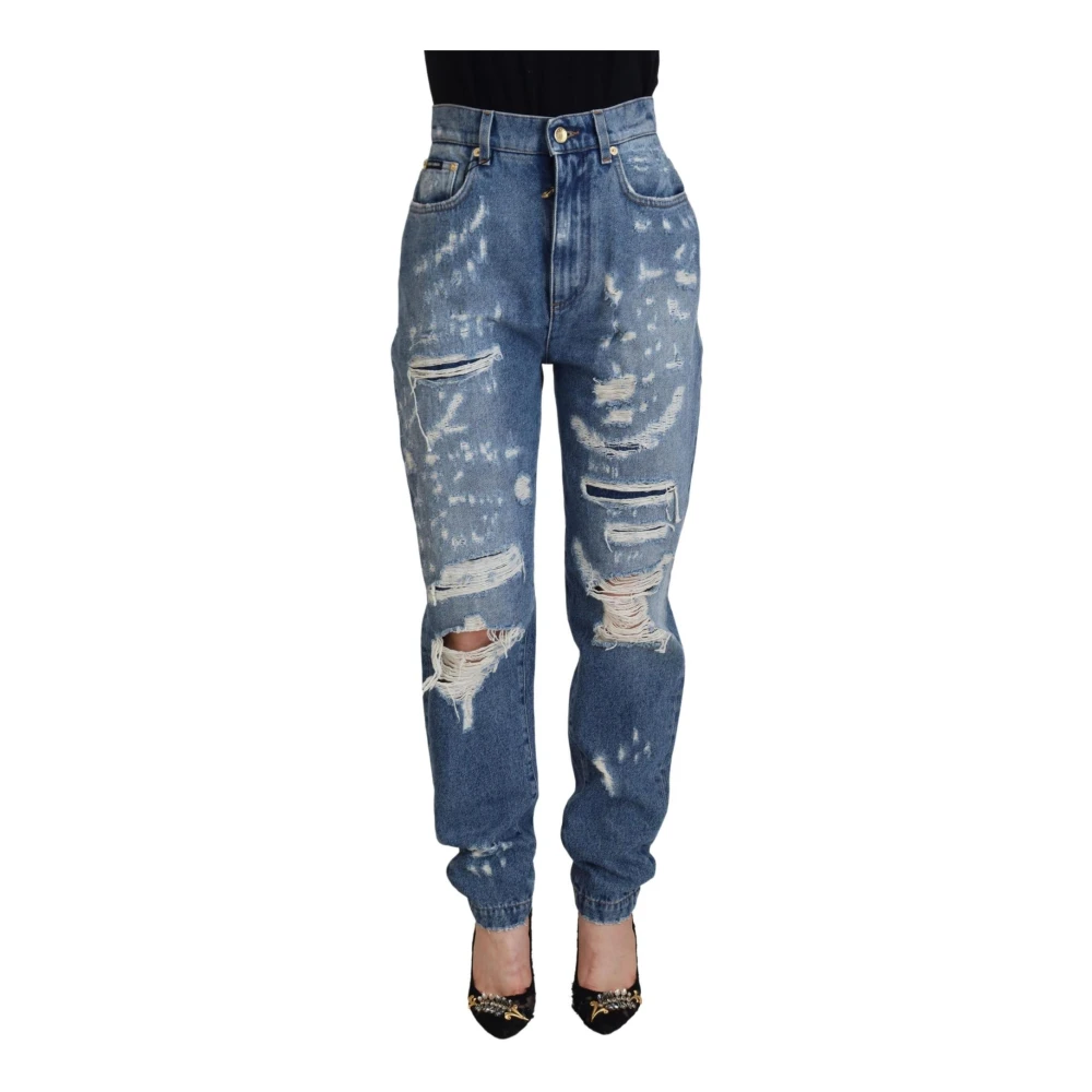 Dolce & Gabbana Donna Blu Jeans Denim Strappati Con Chiusura A Zip