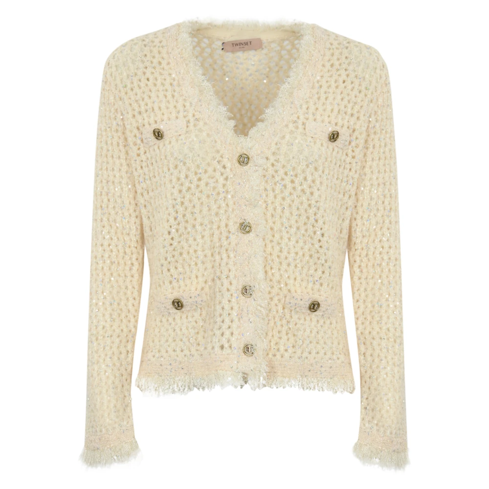 Twinset Jacquard Gebreid Jack met Rafelranden White Dames