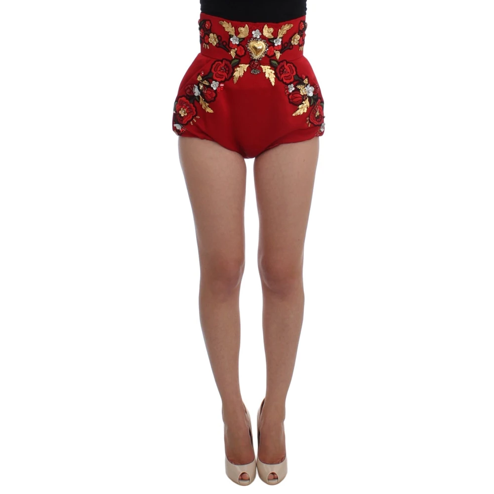 Dolce & Gabbana Röda Sidenrosor Broderade Kristall Hög Midja Mini Shorts Red, Dam