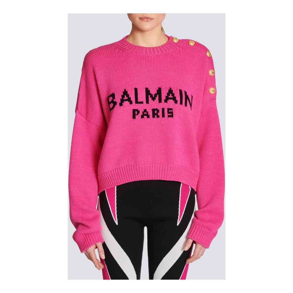 Balmain Korte trui in mesh met logo Pink Dames