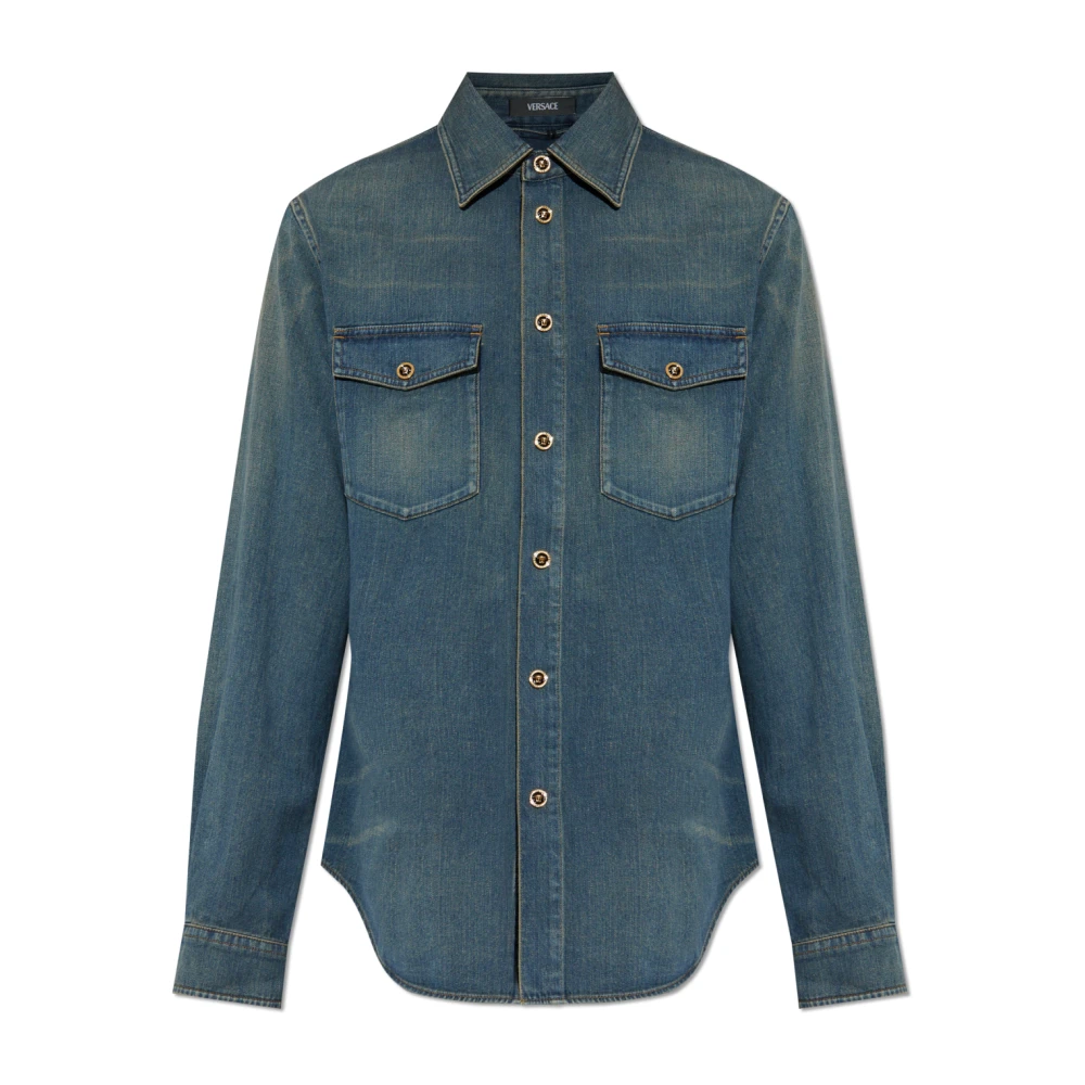Versace Mannelijk Blauw Overhemden Heren, Xl, Denim, Denim Shirt