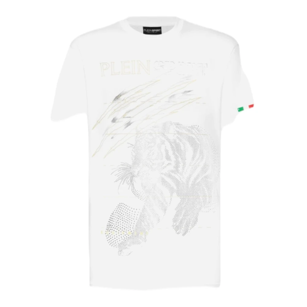 Plein Sport Katoenen T-shirt met korte mouwen en gelamineerde print en strass White Heren