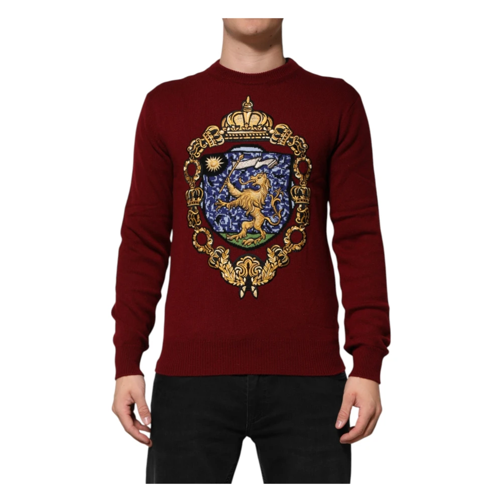 Dolce & Gabbana Men's Red Round-Neck Knitwear, S, Lion Crest Pullover Jumper