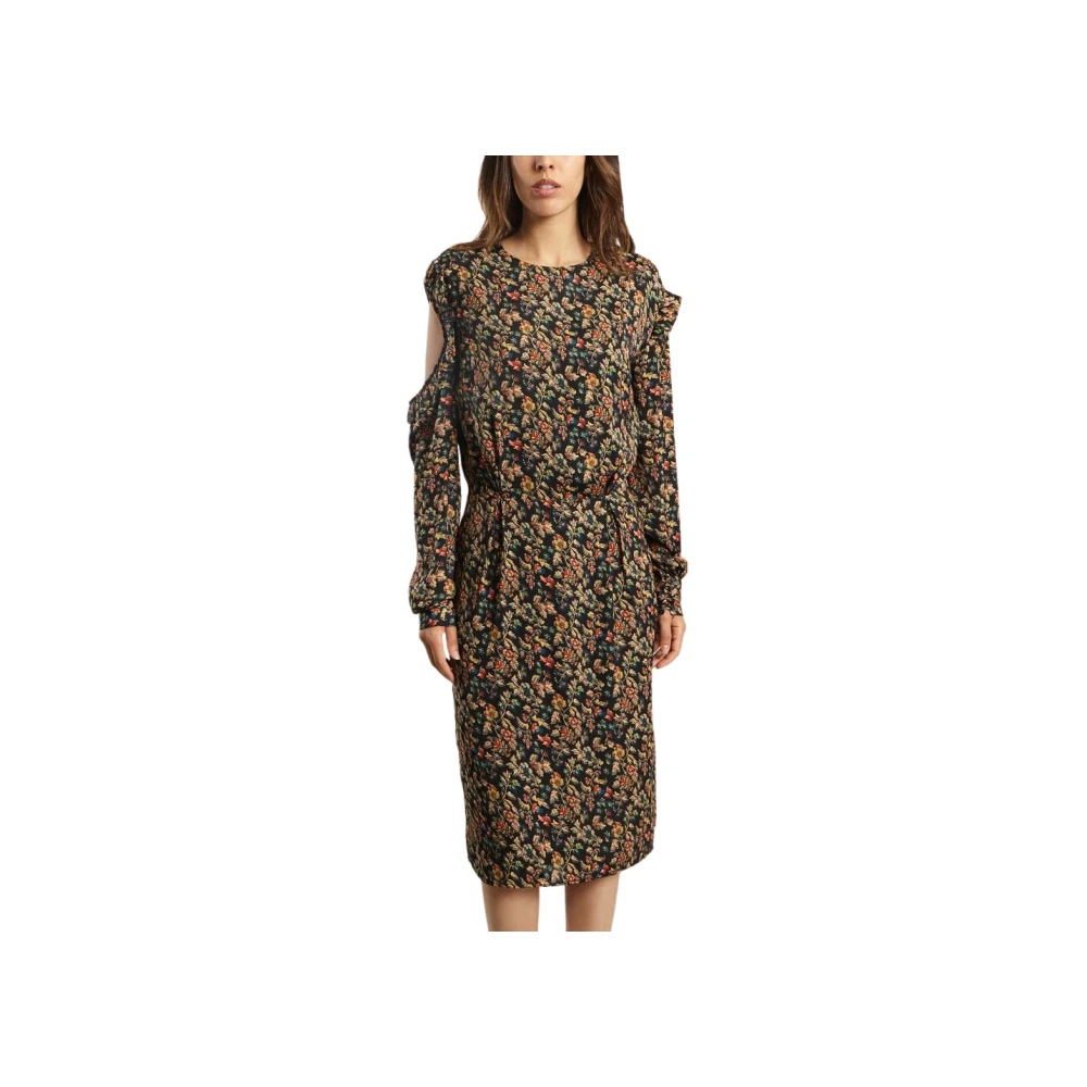Essentiel Antwerp Zwarte Bloemen Midi Jurk met Peek-a-boo Schouders Black Dames