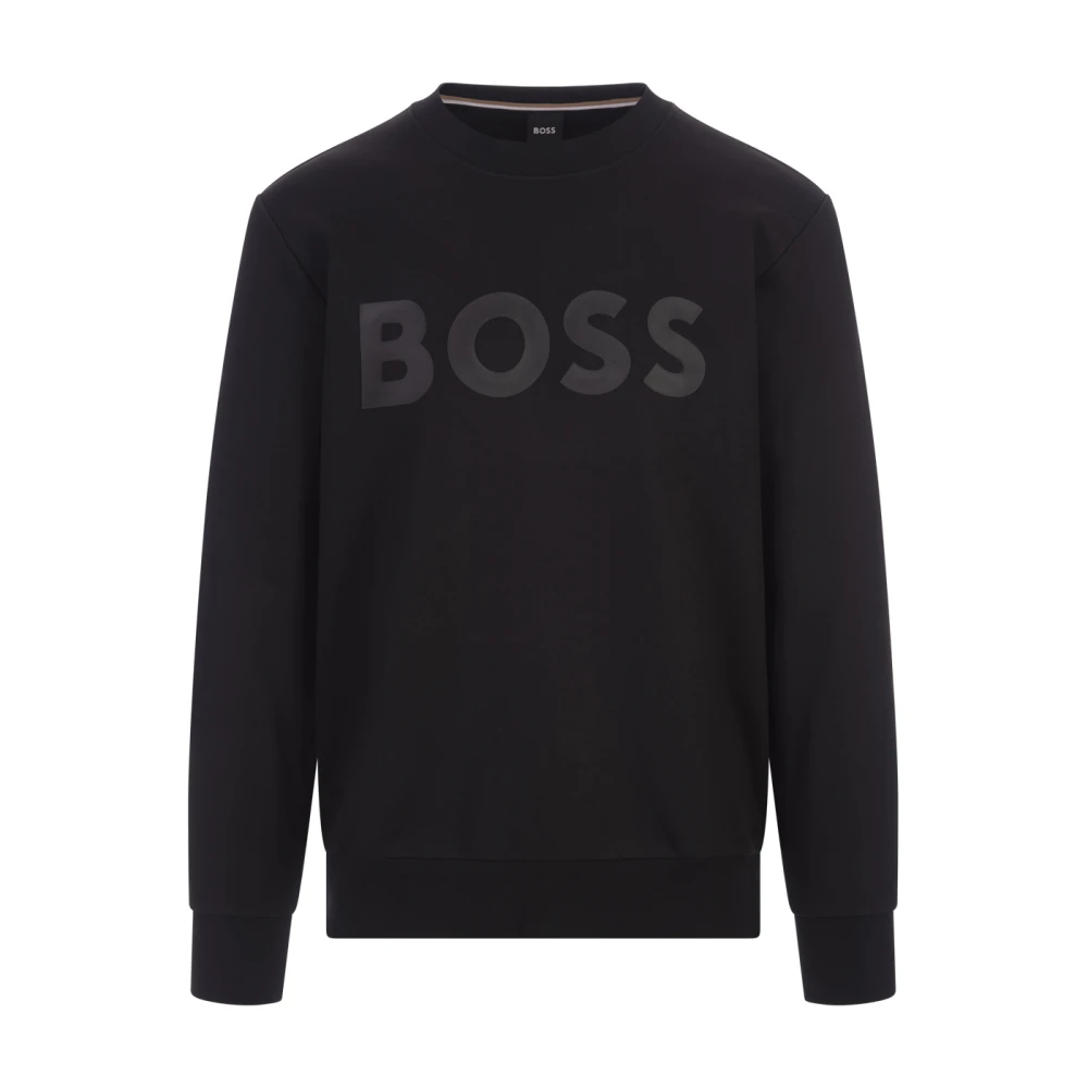 Hugo Boss Svart Sweatshirt i Terry Cloth med Gummiprintat Logo Black, Herr