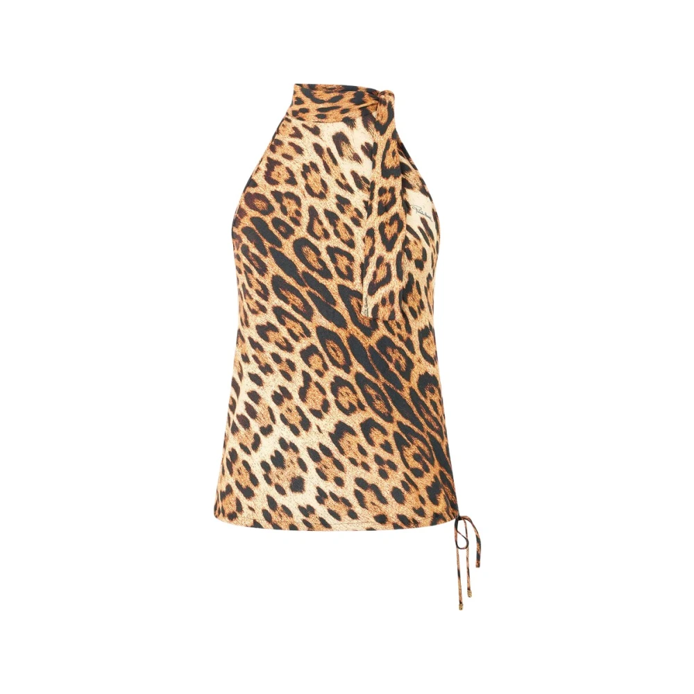 Roberto Cavalli , Sleeveless Tops, Female, Brown, S, Halterneck Top With Jaguar Skin Print