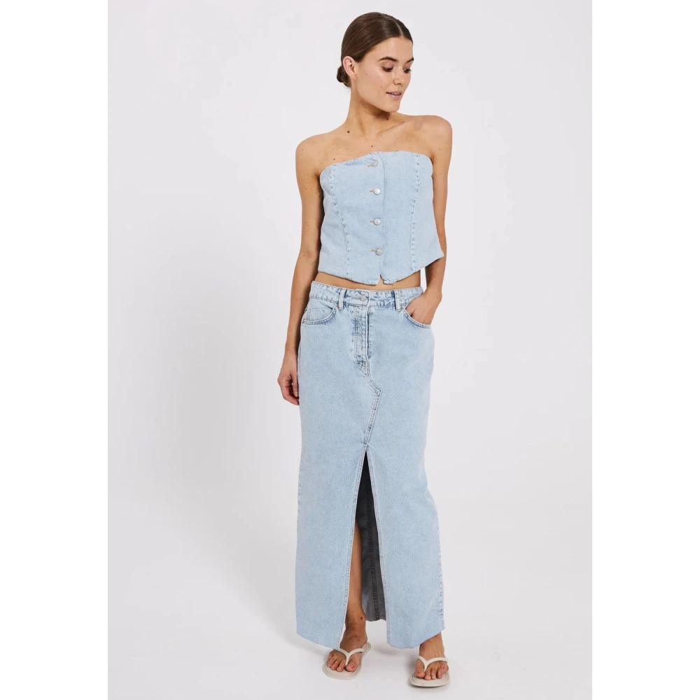 Norr Maxi Denim Rok met Voorsplit Blue Dames