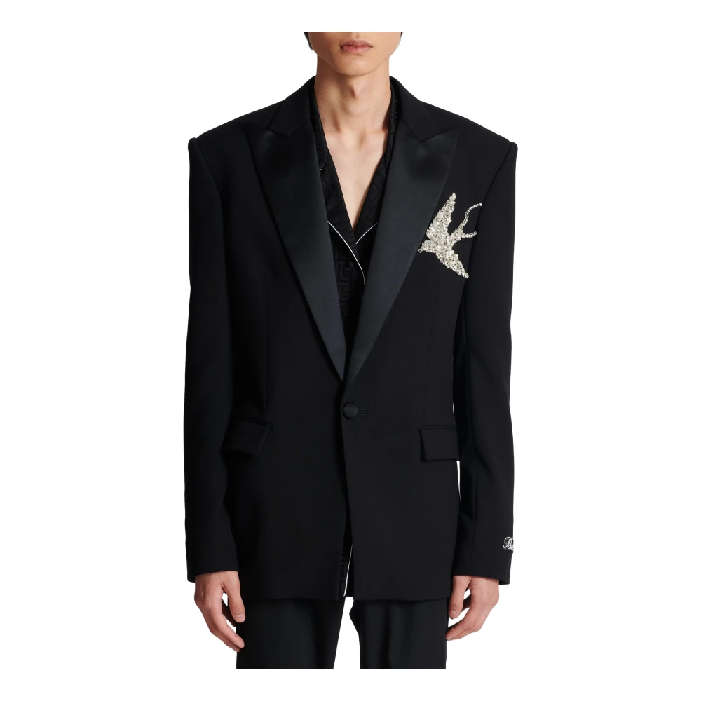 Balmain Aansluitende jas met strass knoop en zwaluw ontwerp Black Heren