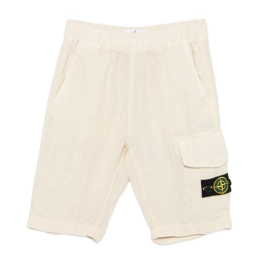 Stone Island Beige Shorts, Male, 8 Y, Diagonal Linen Bermuda Shorts