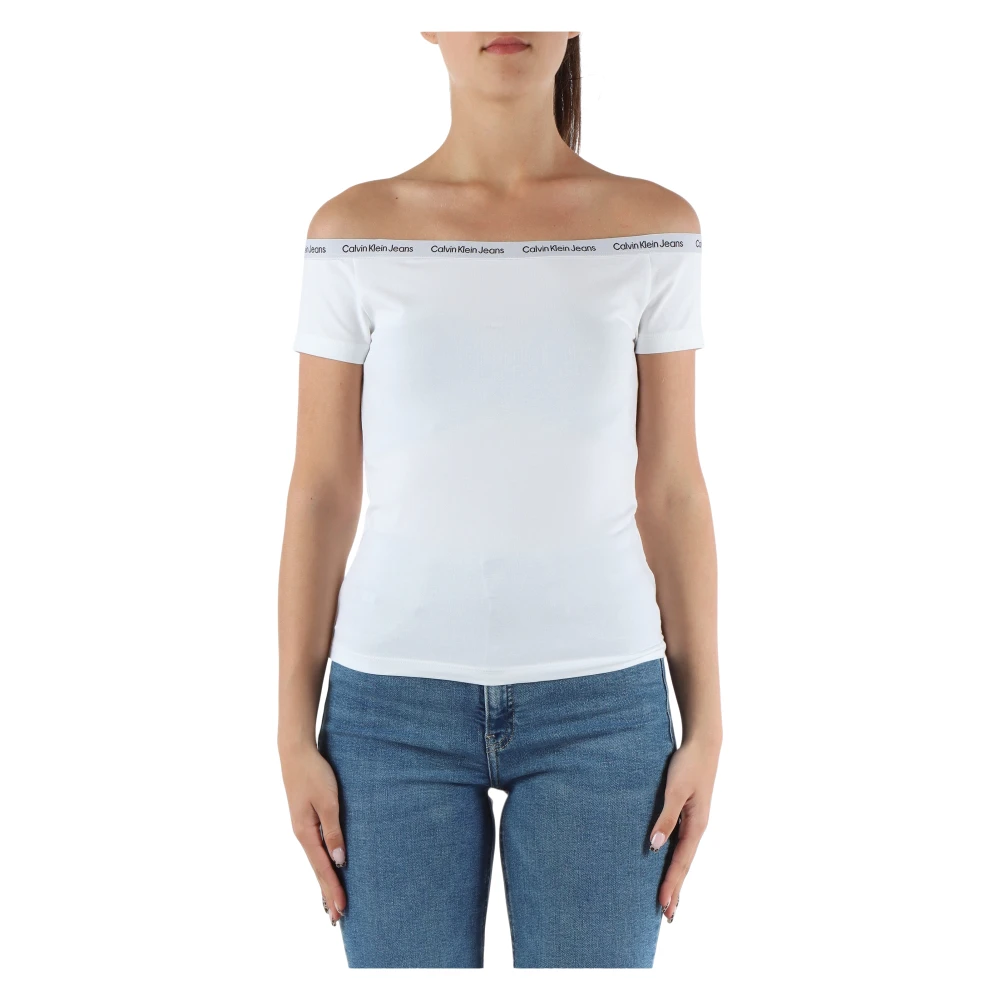 Calvin Klein Jeans Stretch Katoenen Top met Logo Print White Dames