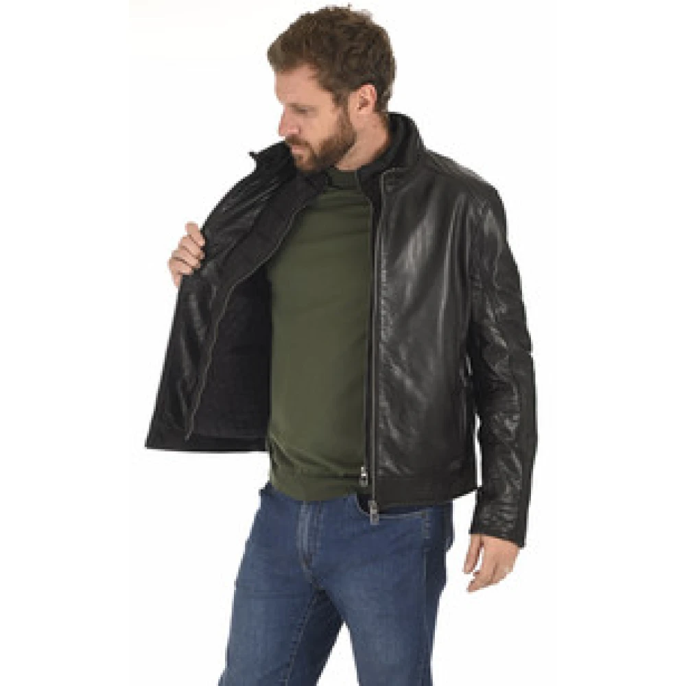 Milestone Zwarte leren hoge hals jas Black Heren