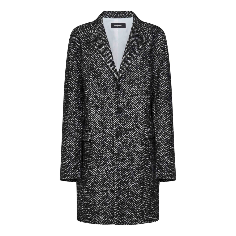Dsquared2 Black Single-Breasted Coats, Female, S, Chevron Wool Blend Coat