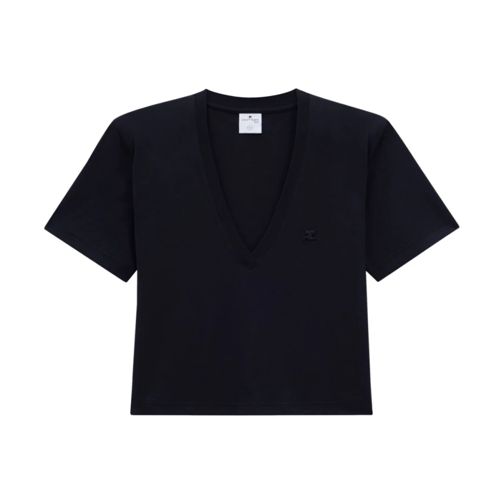 Courrèges Zwart V-hals Cropped T-shirt Black Dames