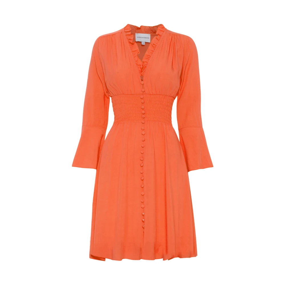 American Dreams Korte Jurk Met Smock Taille Effen Orange Dames