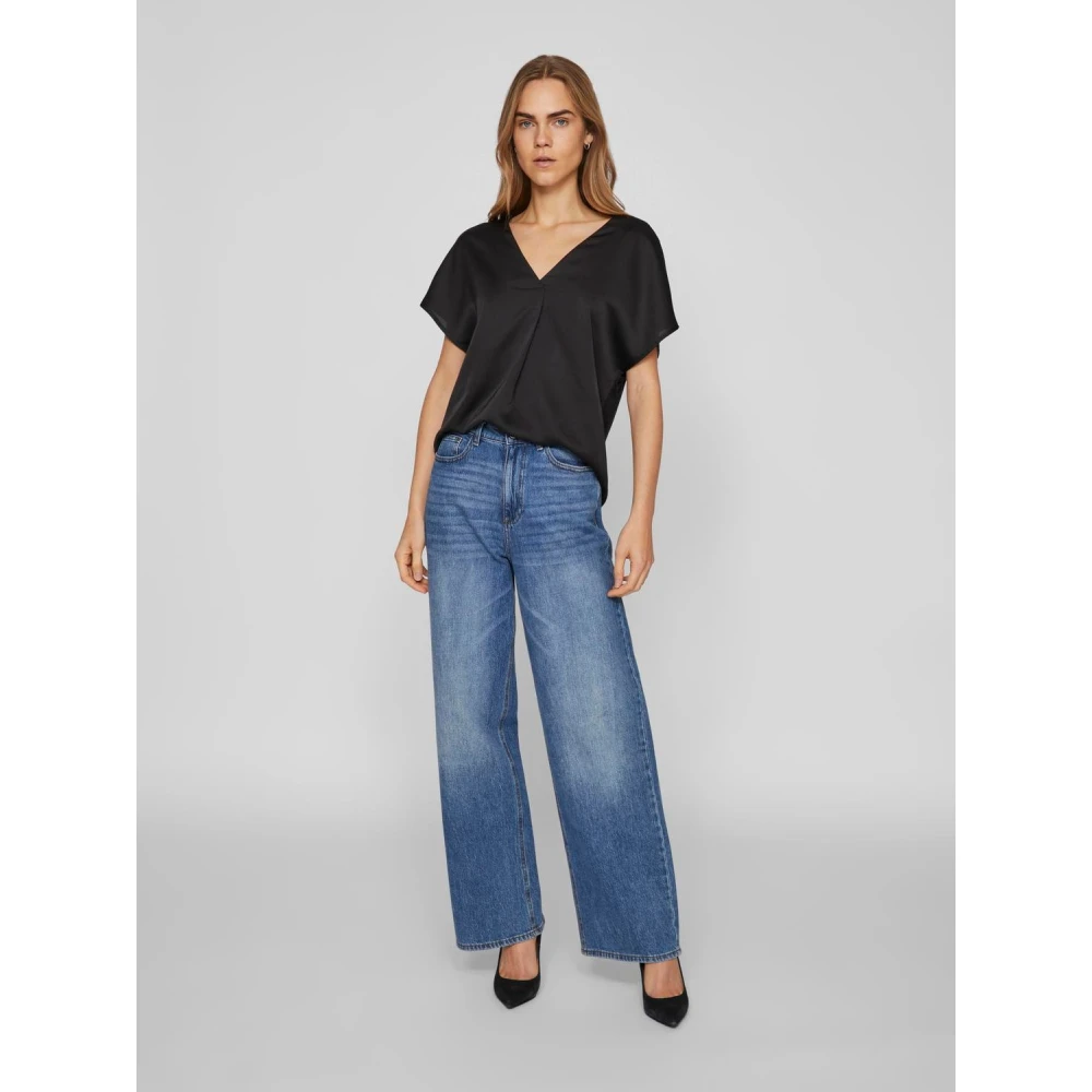 Vila Satin V-Hals Korte Mouw T-Shirt Black Dames