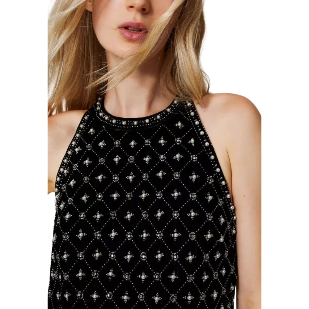 Twinset Handgeborduurde Fluweel Jurk Black Dames