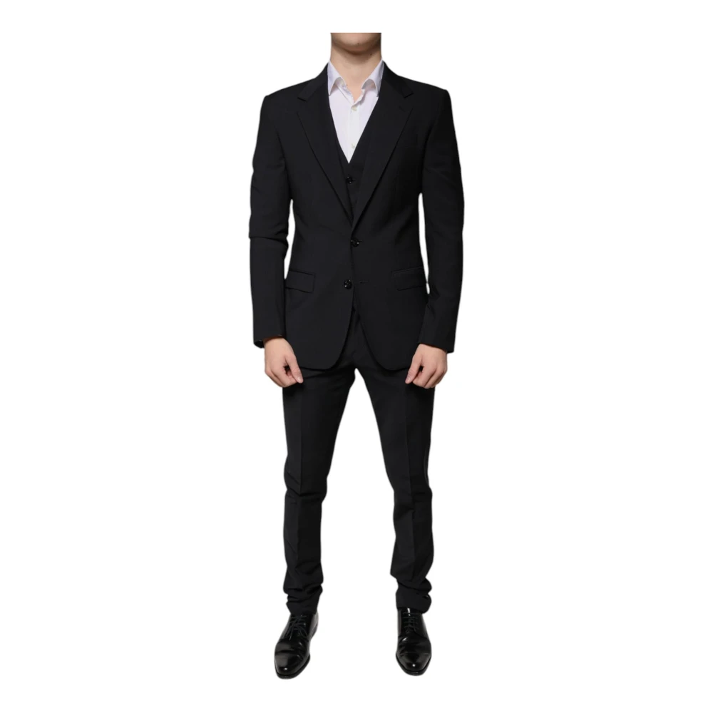 Dolce & Gabbana Single Breasted Suits, Male, L, Wool Slim Fit 3 Piece Suit Black