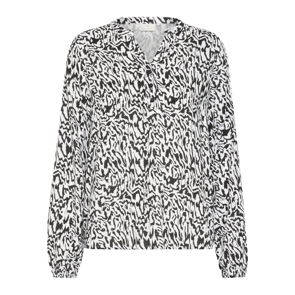 Kaffe Grafische Lijnen Blouse met V-Hals White Dames
