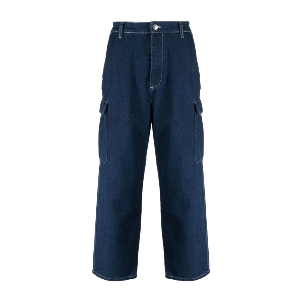 Pop Trading Company Blauwe Cargo Jeans Logo Geborduurd Blue Heren