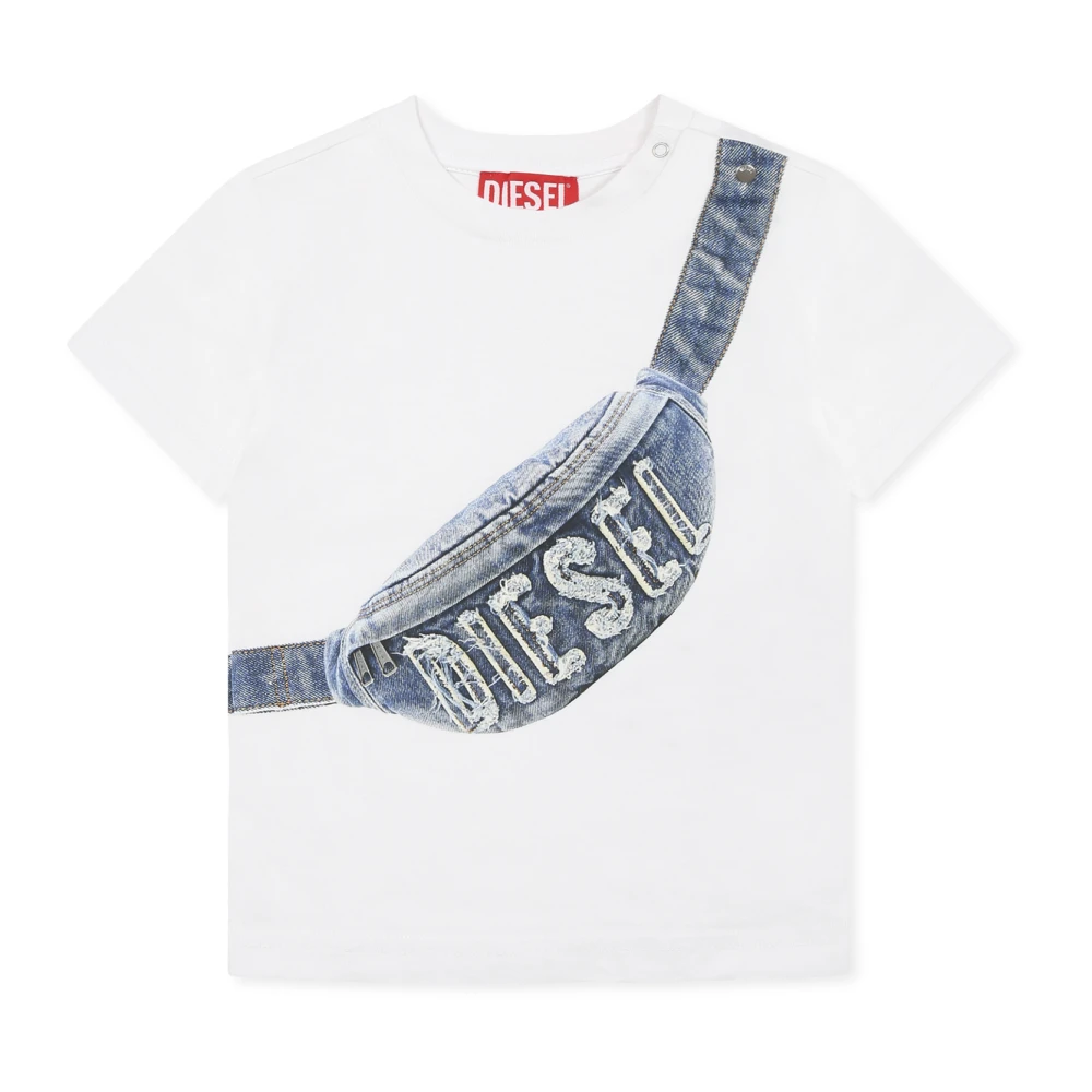 Diesel Unisex White Cotton T-Shirt With Denim Print