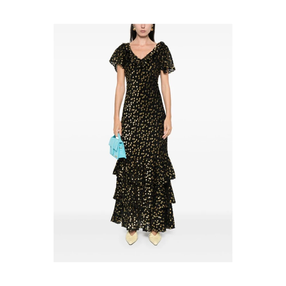Rixo Polka Dot V-hals Ruffle Jurk Black Dames
