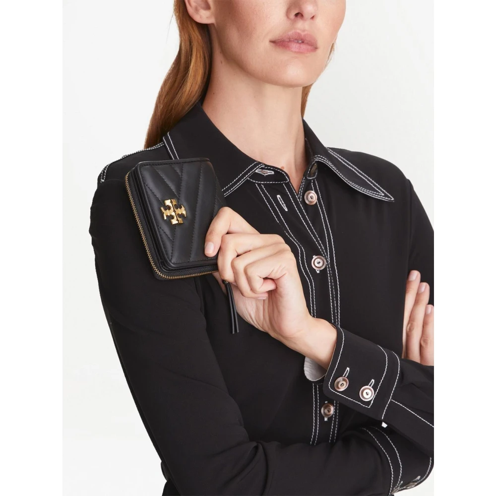 TORY BURCH Gequilt Zwart Leren Portemonnee met Gouden Logo Black Dames