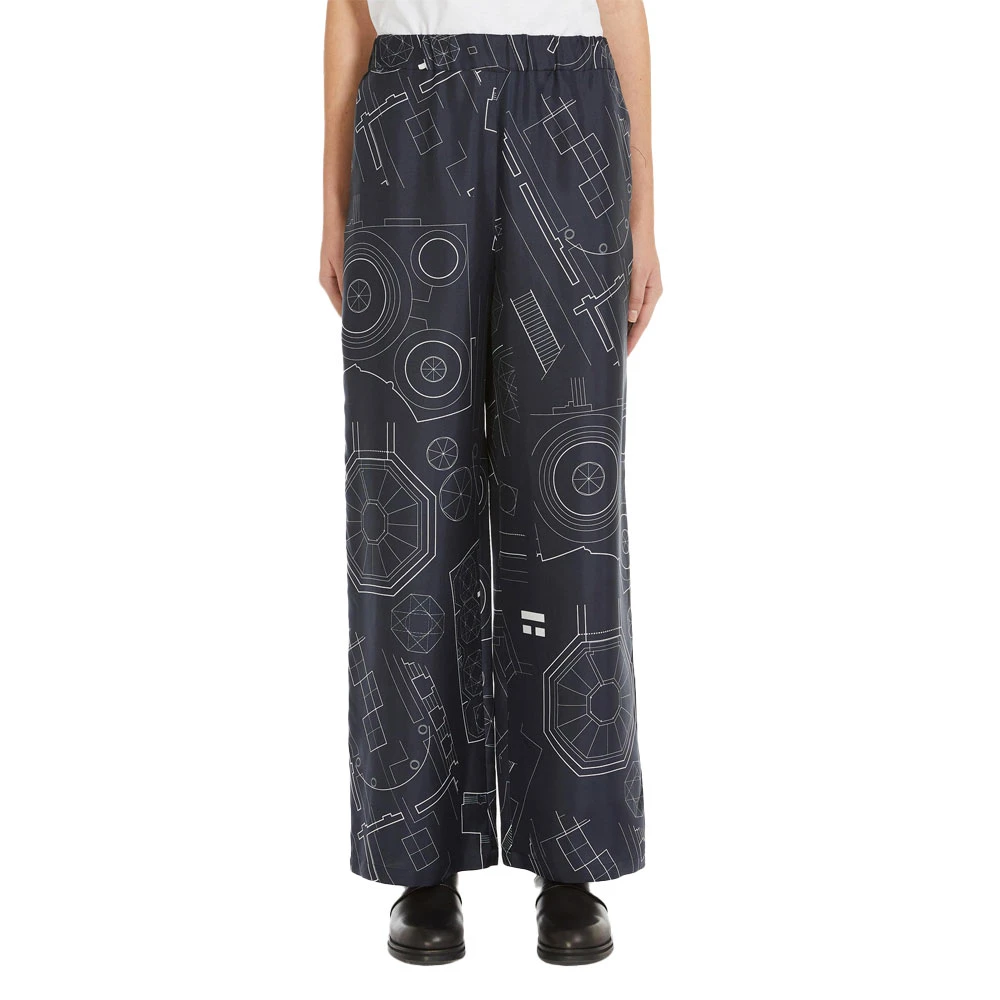 Max Mara Zijden Print Broek met Elastische Taille Blue Dames