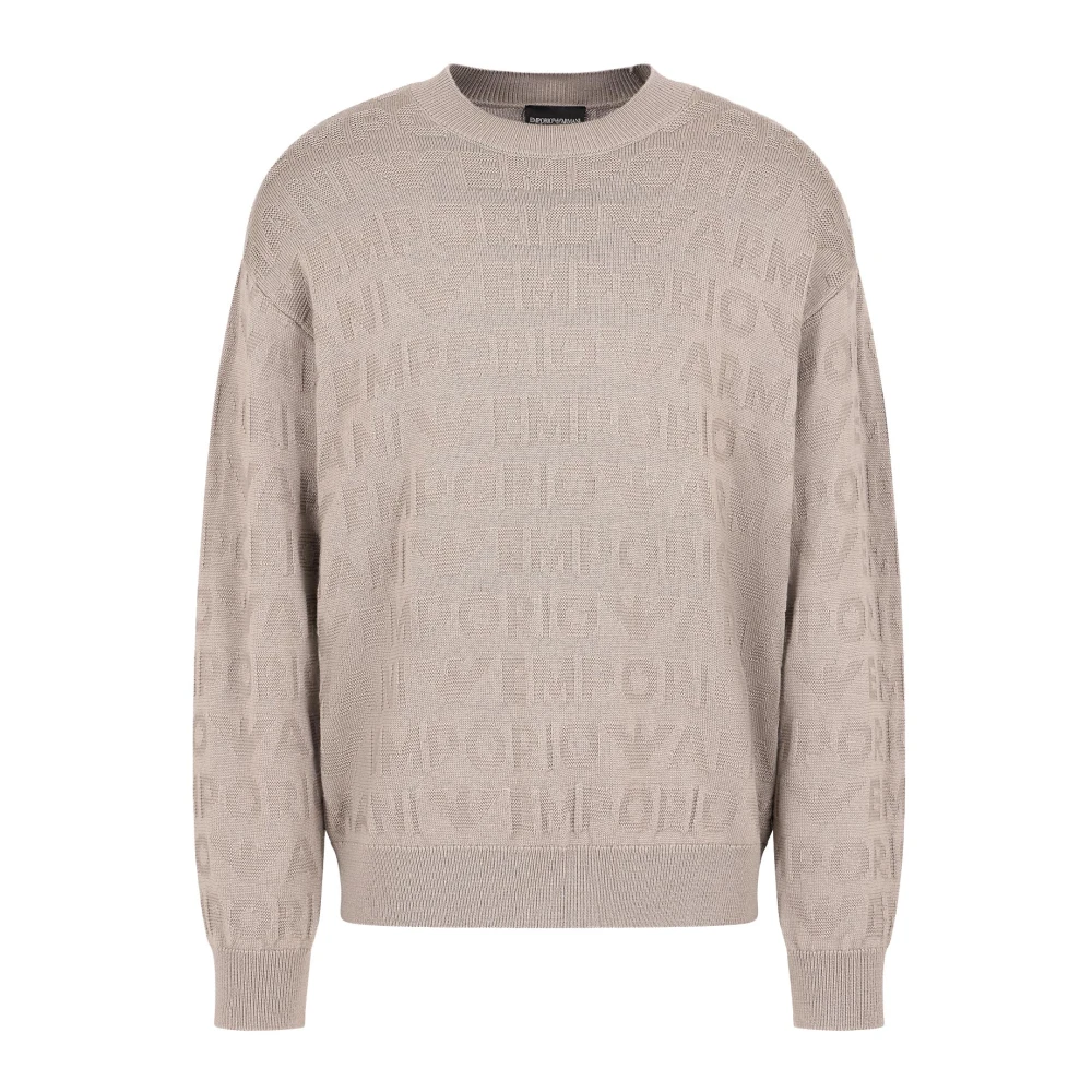 Emporio Armani Linkpatroon Trui Lange Mouw Ribboord Beige Heren