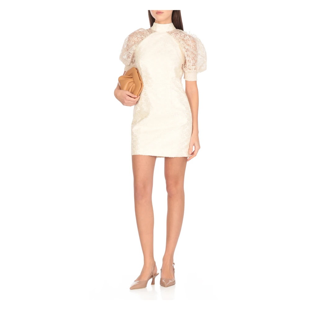 Rotate Birger Christensen Ivoor Kant Geplooide Ballonmouw Jurk Beige Dames