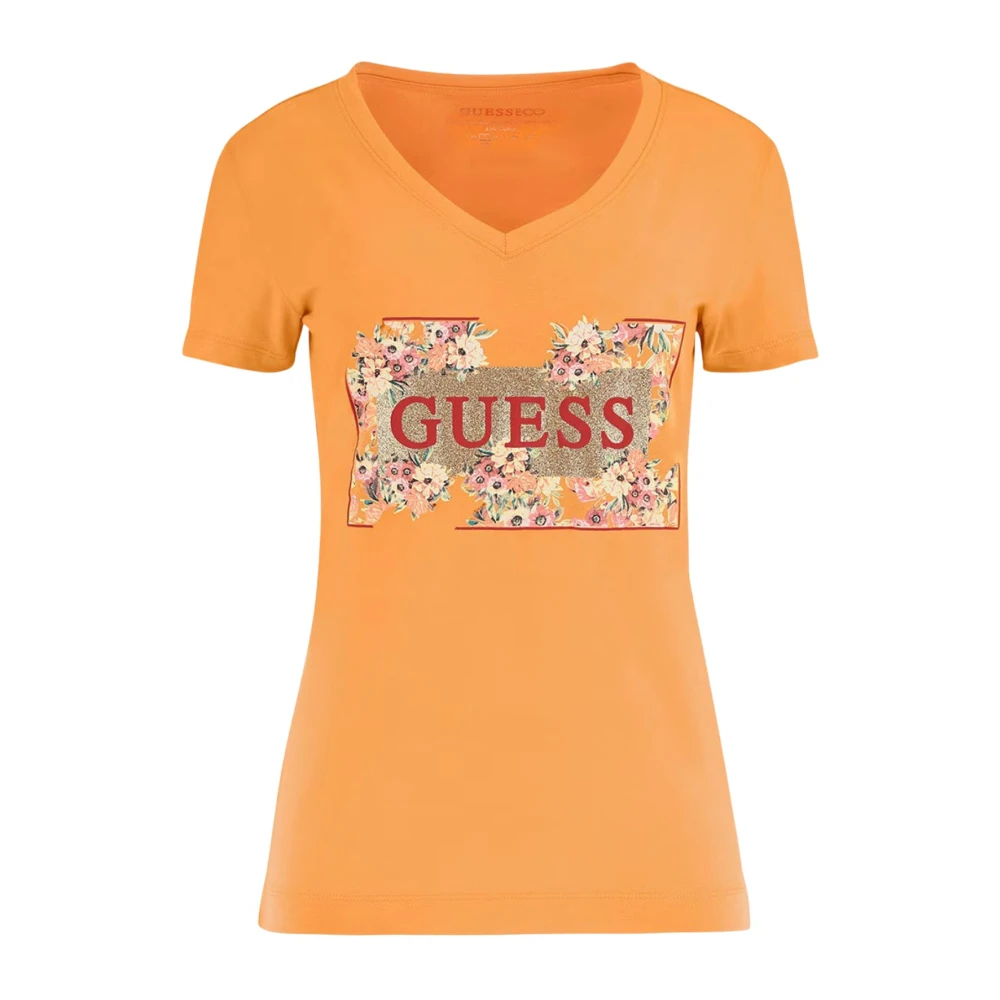 Guess Bloemenprint T-shirt V-hals korte mouwen Orange Dames