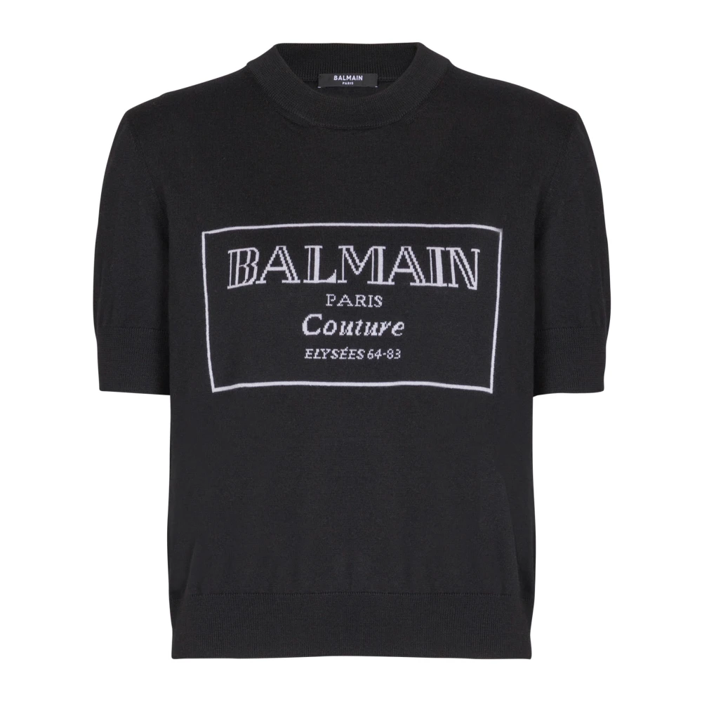 Balmain, T-Shirts, female, Black, Size: XS Couture two-tone knit top