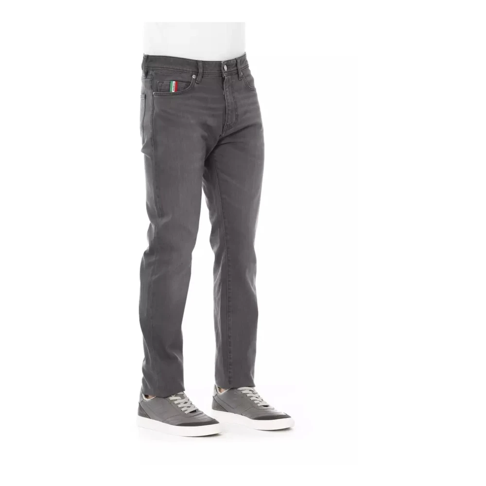Baldinini Logo Button Katoenen Jeans met Tricolore Inzetstuk Gray Heren