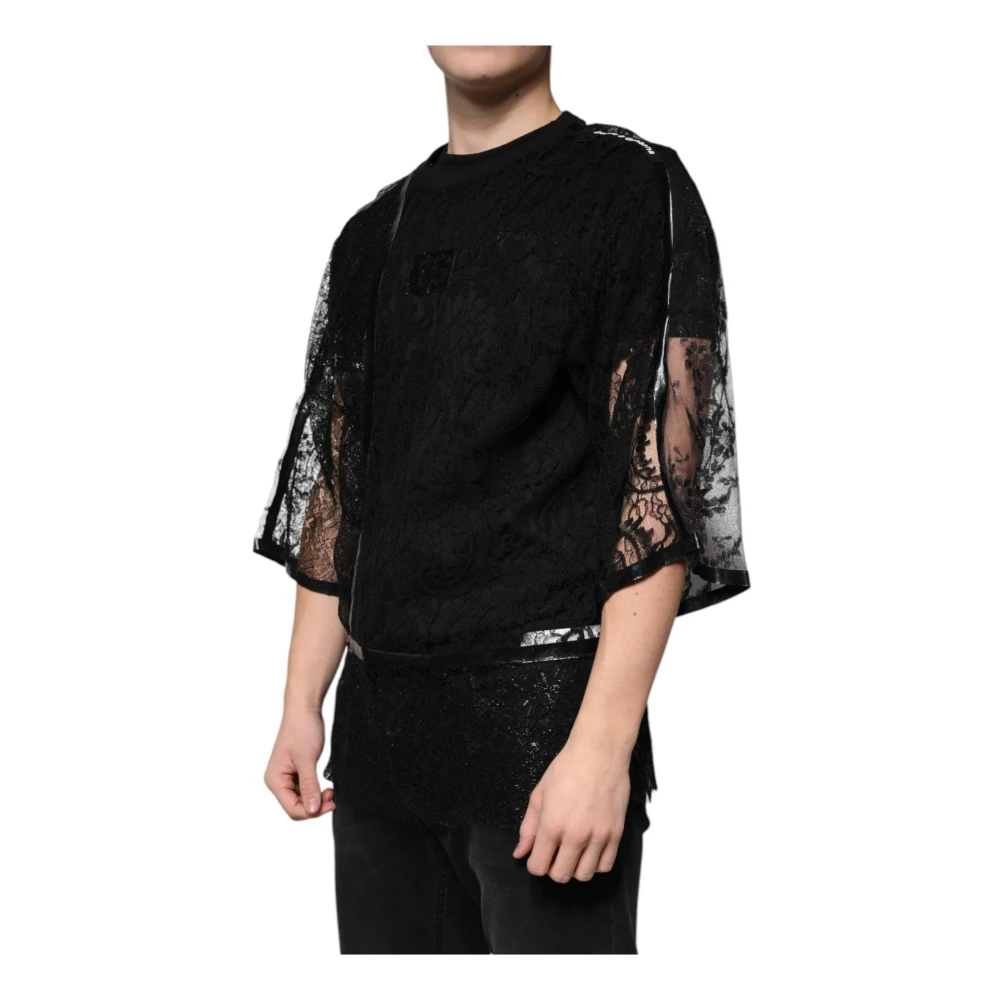 Dolce & Gabbana Zwarte Kant Crew Neck T-shirt met Logo Black Heren