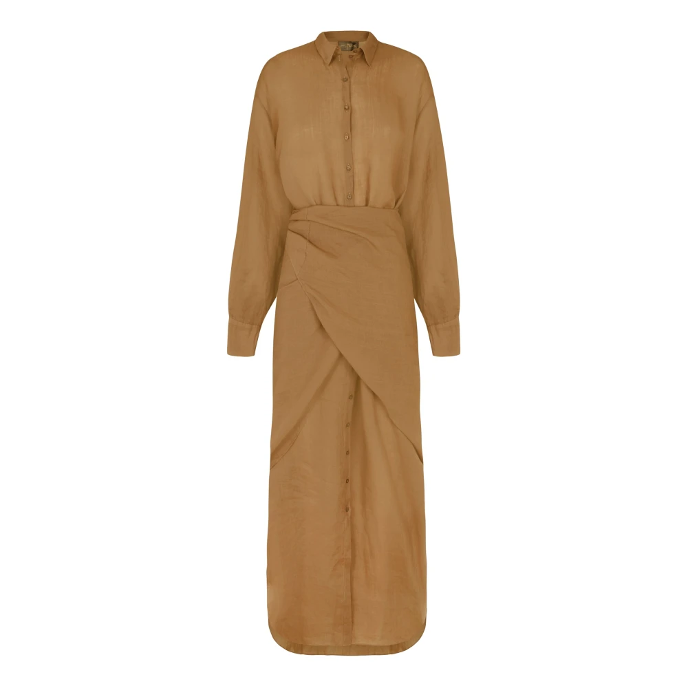 Cortana Midi linnen jurk met nacre knopen Brown Dames