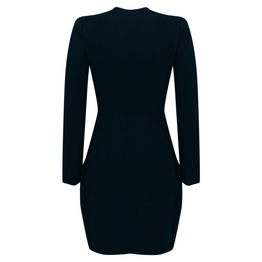 Elisabetta Franchi Blauwe Wol Boucle Jurk Lange Mouw Blue Dames