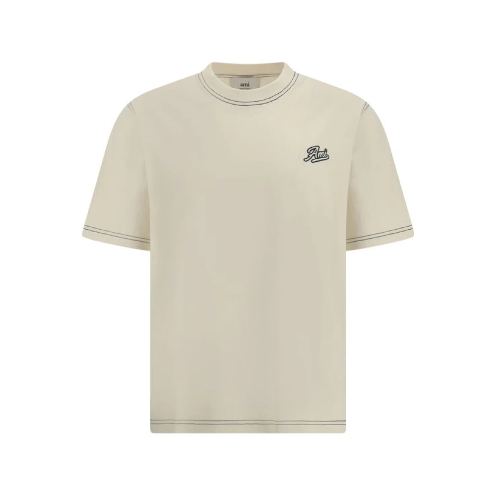 Ami Paris Geribbelde Crew Neck Katoenen T-shirt Beige Heren