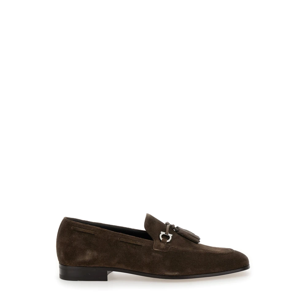 Ferragamo Men's Brown Loafers, 10 Uk, Suede Loafers With Gancini Detail