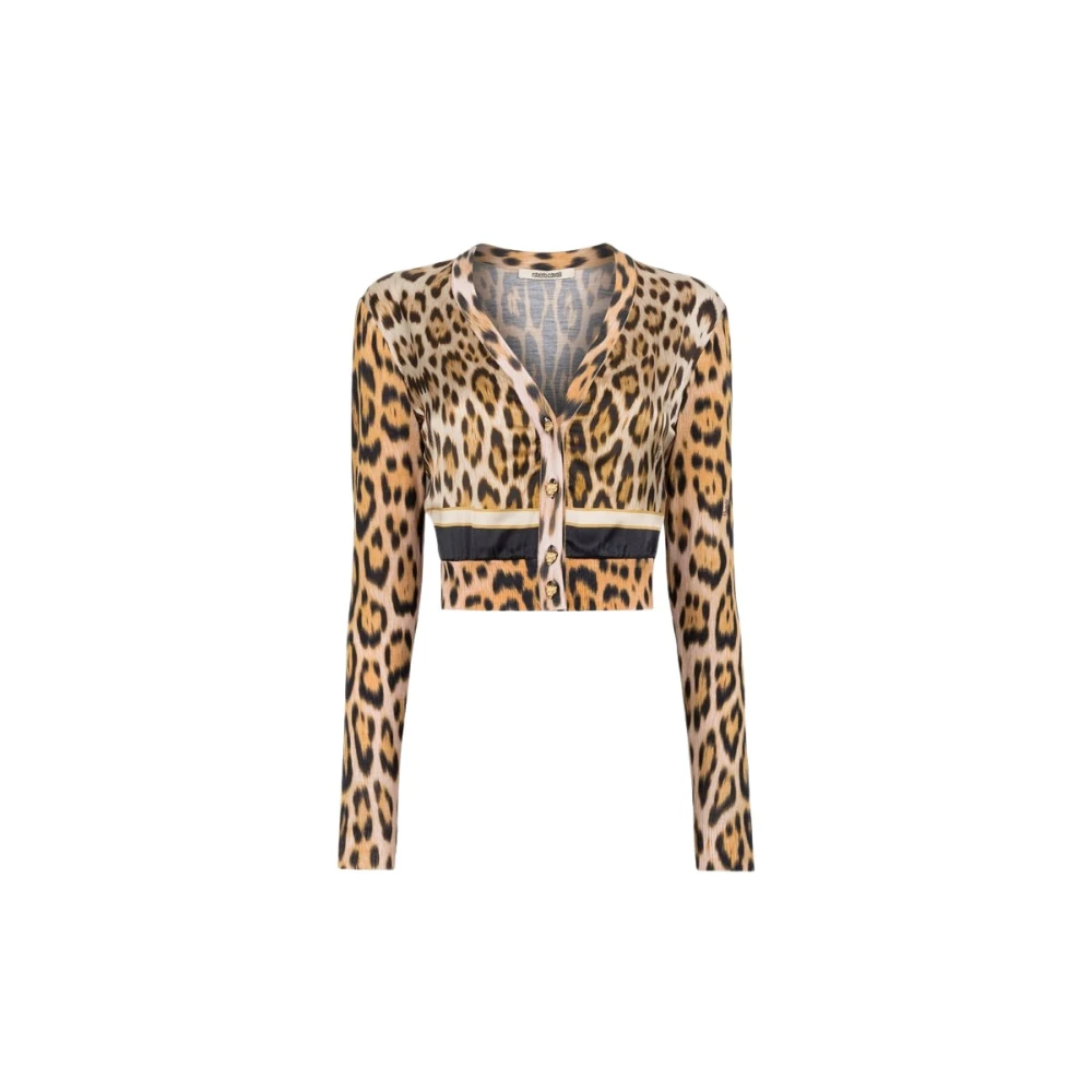 Roberto Cavalli Brown Jaguar-Print Cropped Wool Cardigan - Female - Cardigans - S - Knitwear