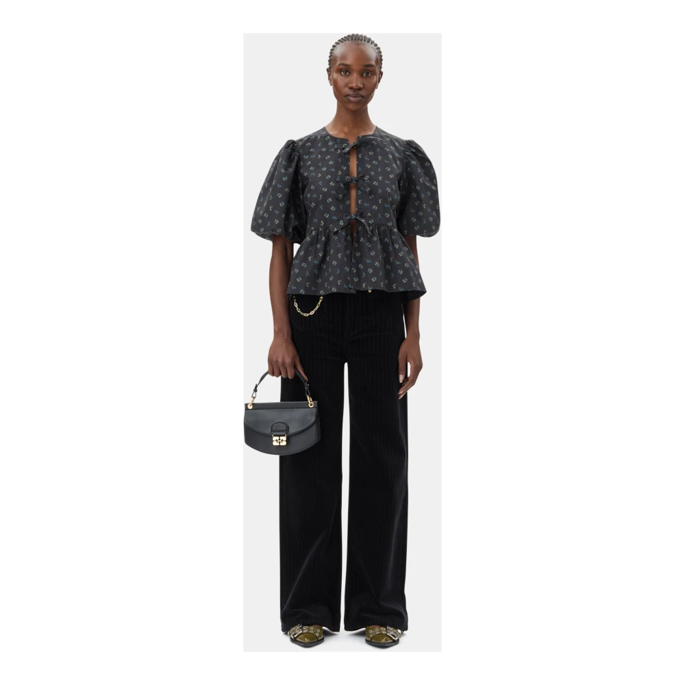 Ganni Zwart Gedrukte Peplum Blouse Black Dames