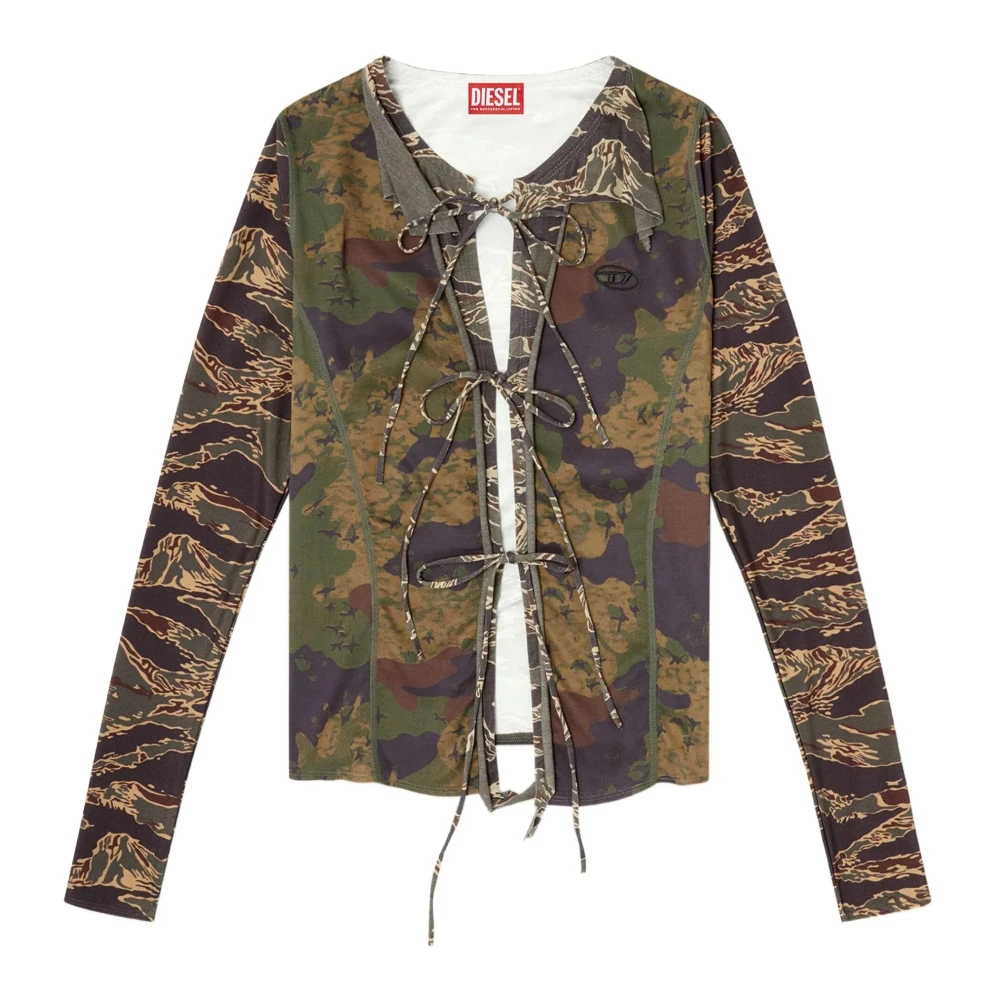 Diesel Women's Multicolor Long Sleeve T-Shirts, M, Camouflage Embroidered Top With Ruffle Trim