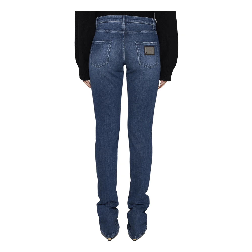 Dolce & Gabbana Slim-Cut Ripped Jeans met Logo Detailing Blue Dames